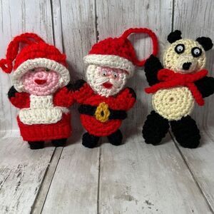 Hand Crafted Crocheted Santa Mrs. Claus and Bear Ornament
